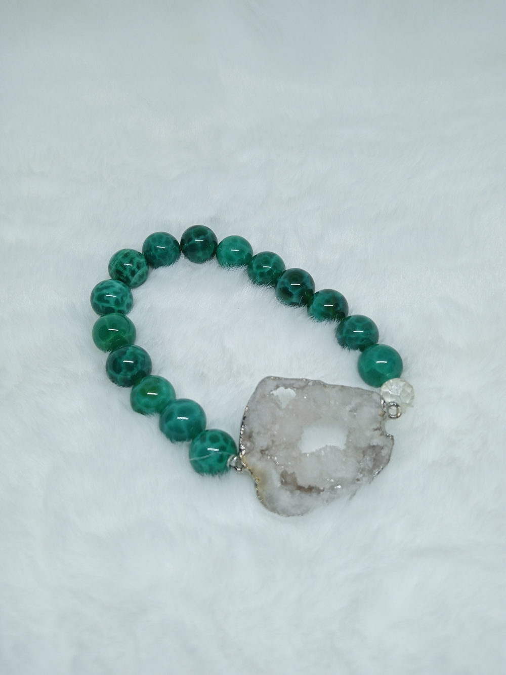 Designer Quality! Green Agate Beaded Bracelet with Druzy Accent